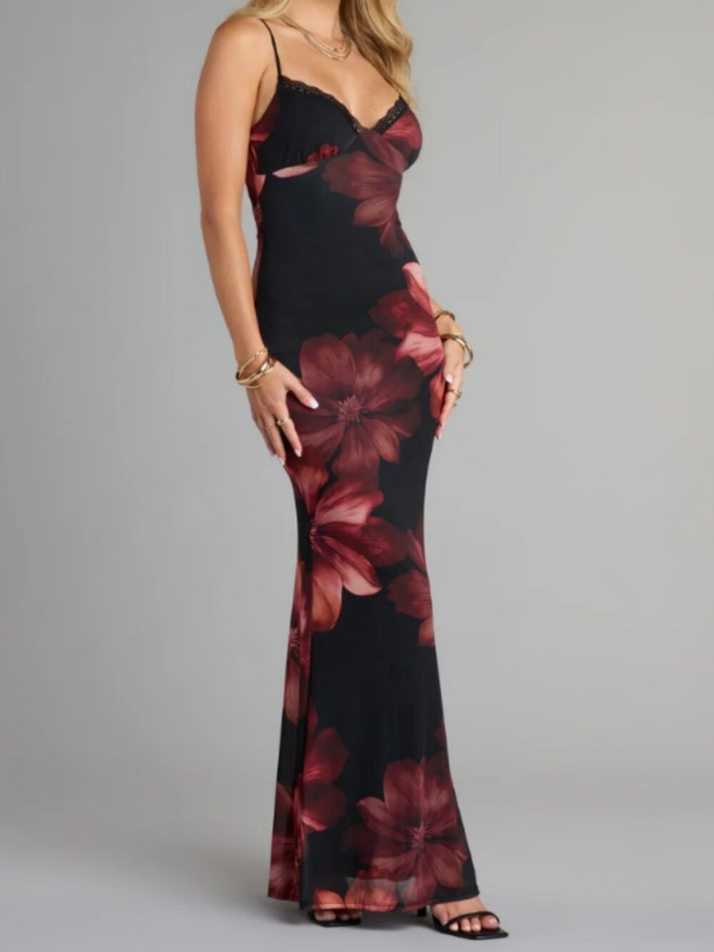 Windsor Womens S Black Red Floral Babydoll Maxi Dress Whimsigoth Vampy Siren Y2K